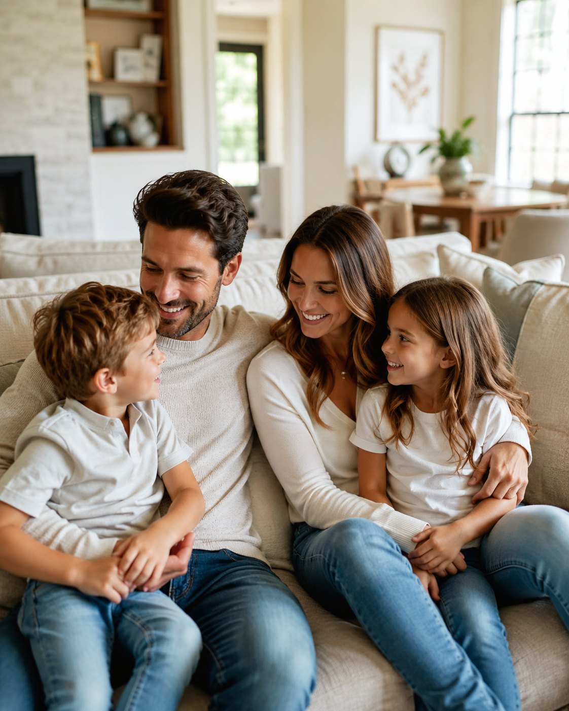 Happy family sitting together at home