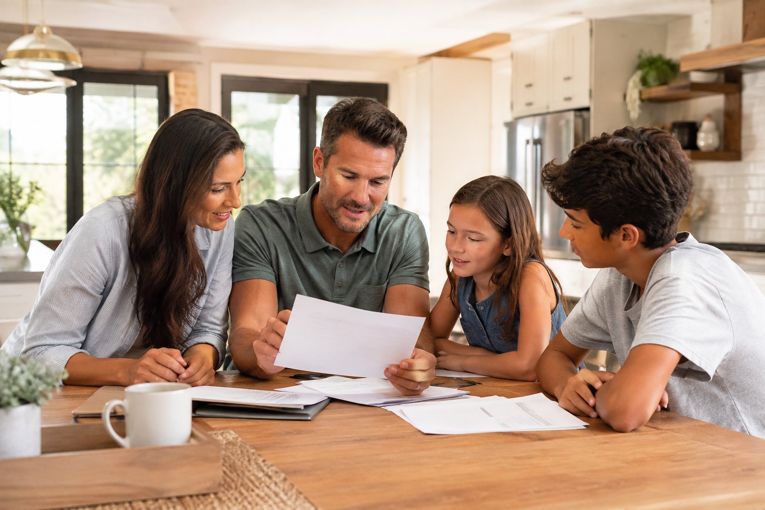Family reviewing plans together at the kitchen table